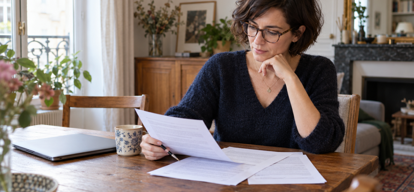 Une acquéreuse relit les conditions de son offre d’achat à son domicile.