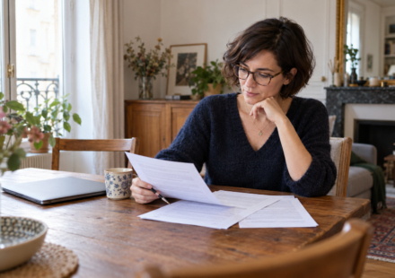 Une acquéreuse relit les conditions de son offre d’achat à son domicile.