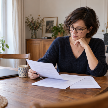 Une acquéreuse relit les conditions de son offre d’achat à son domicile.