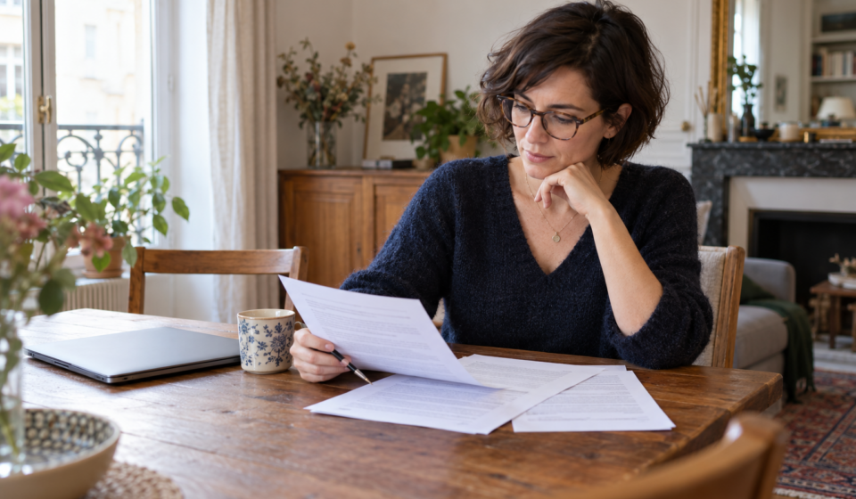 Offre d’achat avec plusieurs réserves : comment savoir ce qui engage réellement ? Une acquéreuse relit les conditions de son offre d’achat à son domicile.