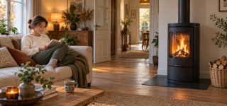 Une femme lit sur un canapé dans un salon lumineux équipé d’un poêle à bois allumé.