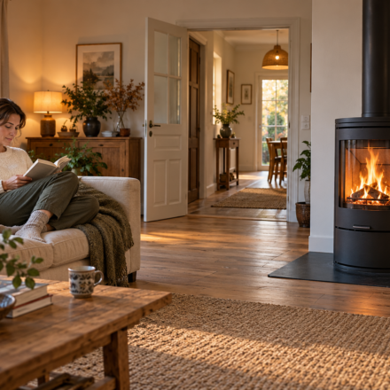 Poêle à bois : plaisir du feu ou chauffage principal, comment évaluer son besoin réel ? Une femme lit sur un canapé dans un salon lumineux équipé d’un poêle à bois allumé.