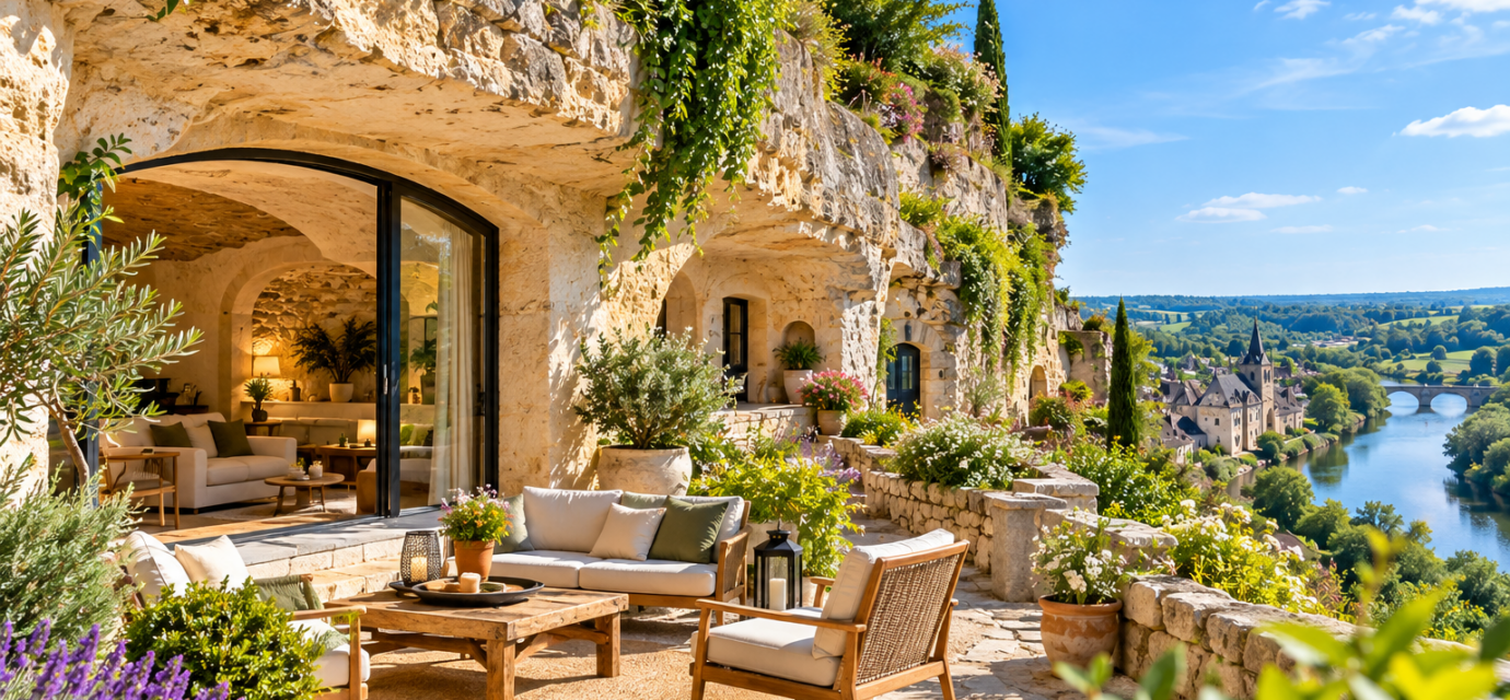 Maison troglodytique rénovée creusée dans la roche dans le Val de Loire