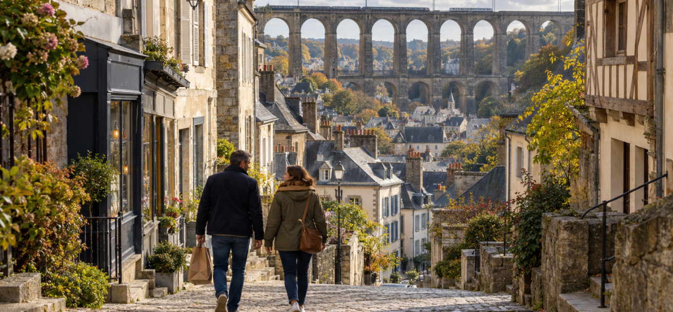 Illustration d’un couple dans une rue pavée en pente, bordée de maisons anciennes, avec un viaduc à l’arrière-plan.