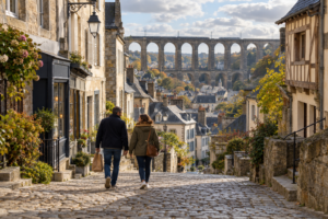 Illustration d’un couple dans une rue pavée en pente, bordée de maisons anciennes, avec un viaduc à l’arrière-plan.