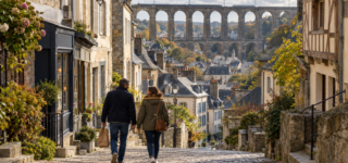 Illustration d’un couple dans une rue pavée en pente, bordée de maisons anciennes, avec un viaduc à l’arrière-plan.