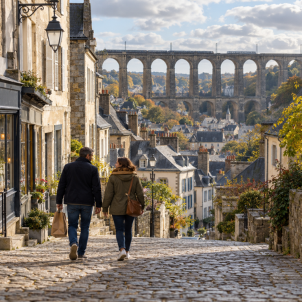 Illustration d’un couple dans une rue pavée en pente, bordée de maisons anciennes, avec un viaduc à l’arrière-plan.