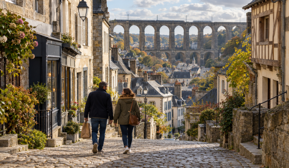 Illustration d’un couple dans une rue pavée en pente, bordée de maisons anciennes, avec un viaduc à l’arrière-plan.