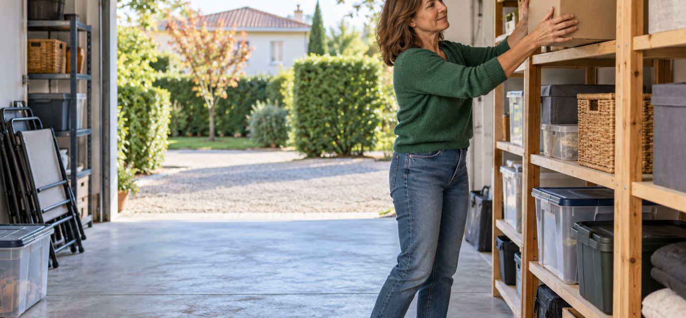 Une femme range un carton sur une étagère dans un garage