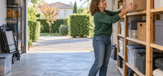 Une femme range un carton sur une étagère dans un garage