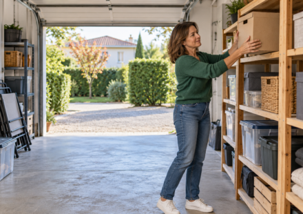 Une femme range un carton sur une étagère dans un garage