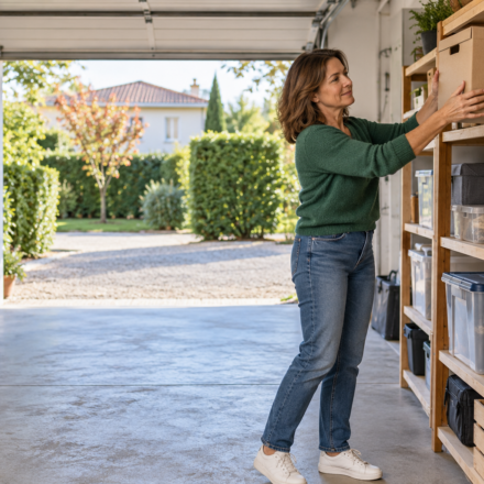 Une femme range un carton sur une étagère dans un garage