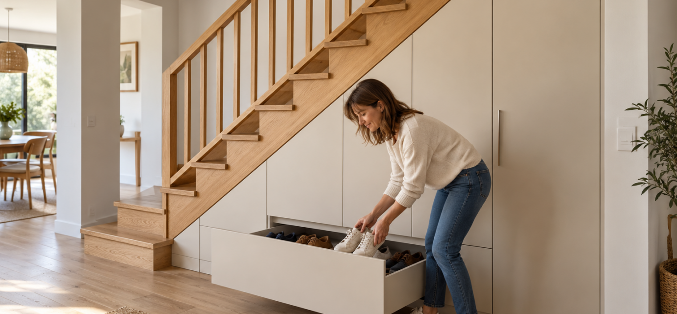 Une femme range des chaussures dans un tiroir d’un meuble crème aménagé sous un escalier en bois clair.