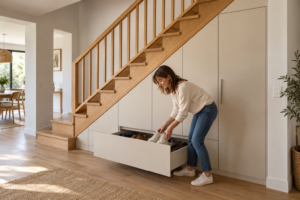 Une femme range des chaussures dans un tiroir d’un meuble crème aménagé sous un escalier en bois clair.