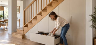 Une femme range des chaussures dans un tiroir d’un meuble crème aménagé sous un escalier en bois clair.