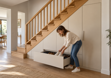 Une femme range des chaussures dans un tiroir d’un meuble crème aménagé sous un escalier en bois clair.