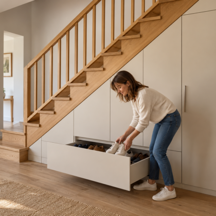 Une femme range des chaussures dans un tiroir d’un meuble crème aménagé sous un escalier en bois clair.