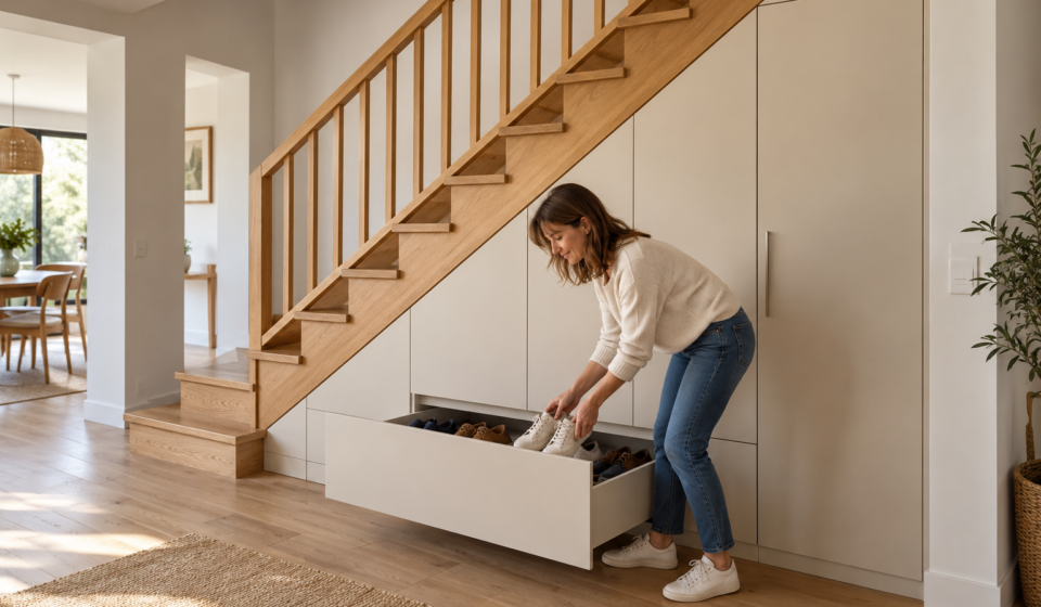 Une femme range des chaussures dans un tiroir d’un meuble crème aménagé sous un escalier en bois clair.
