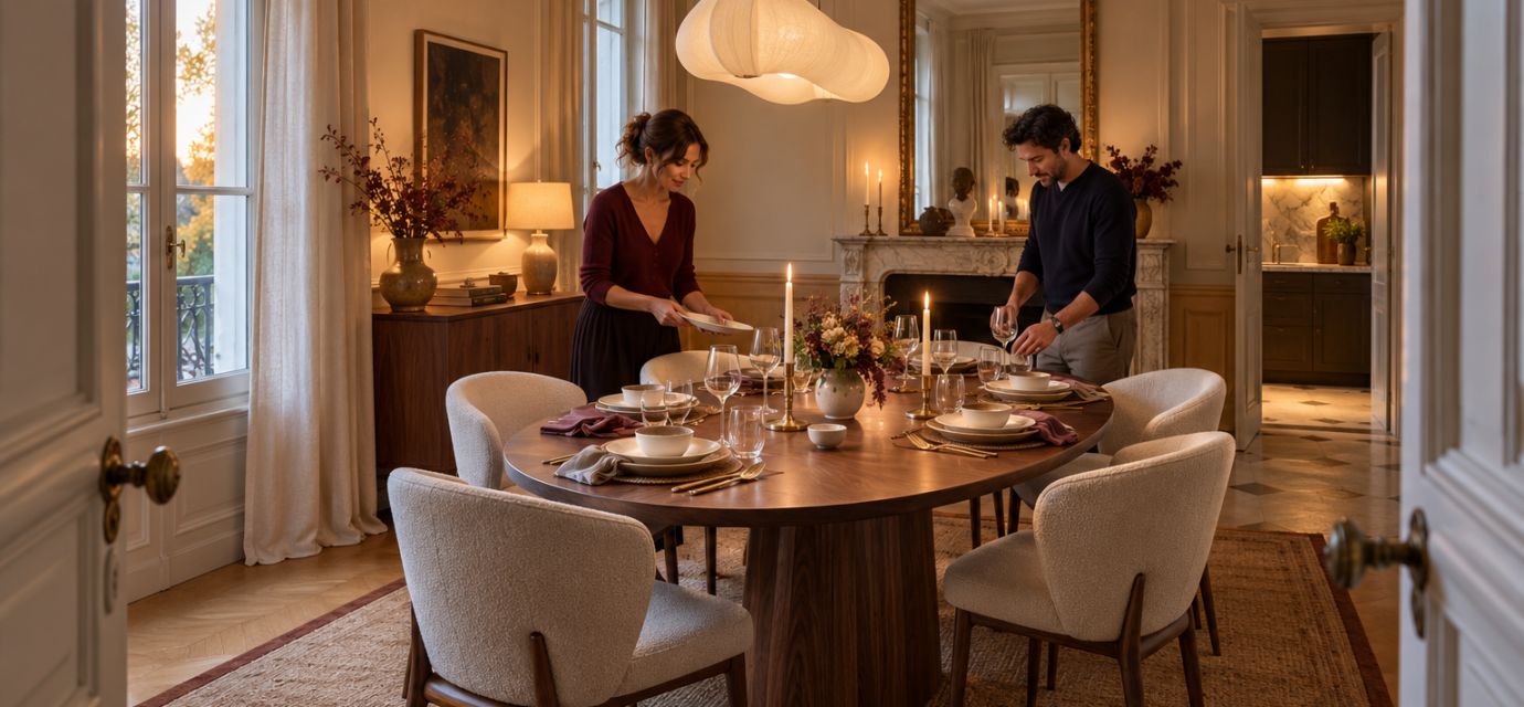 Une salle à manger séparée : retrouve-t-elle son intérêt quand on reçoit davantage ? Une salle à manger séparée avec une table ovale dressée pour six et deux personnes préparant le repas