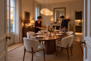 Une salle à manger séparée avec une table ovale dressée pour six et deux personnes préparant le repas