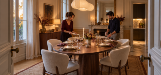 Une salle à manger séparée avec une table ovale dressée pour six et deux personnes préparant le repas