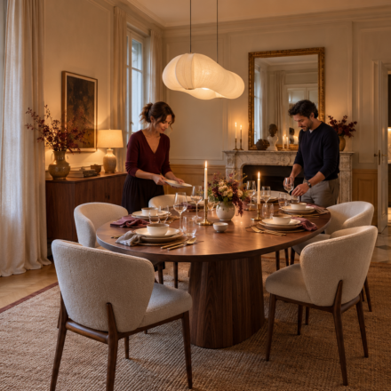 Une salle à manger séparée : retrouve-t-elle son intérêt quand on reçoit davantage ? Une salle à manger séparée avec une table ovale dressée pour six et deux personnes préparant le repas
