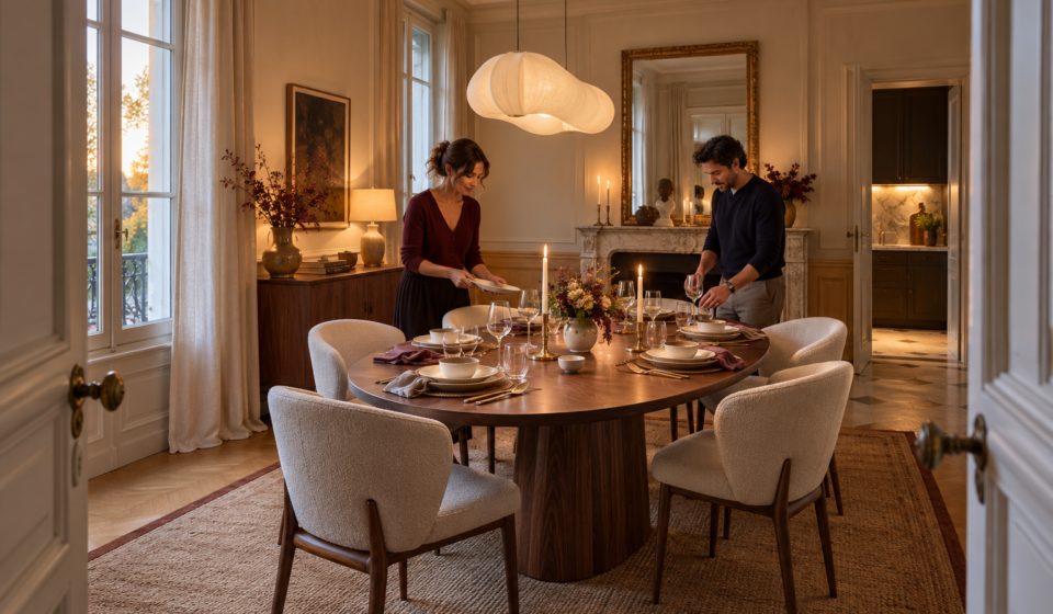 Une salle à manger séparée : retrouve-t-elle son intérêt quand on reçoit davantage ? Une salle à manger séparée avec une table ovale dressée pour six et deux personnes préparant le repas