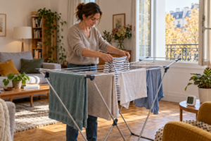 Une femme étend des vêtements sur un séchoir dans un salon, près d’une fenêtre ouverte.