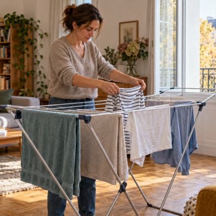 Sécher le linge à l’intérieur : comment éviter l’humidité dans tout le logement ? Une femme étend des vêtements sur un séchoir dans un salon, près d’une fenêtre ouverte.