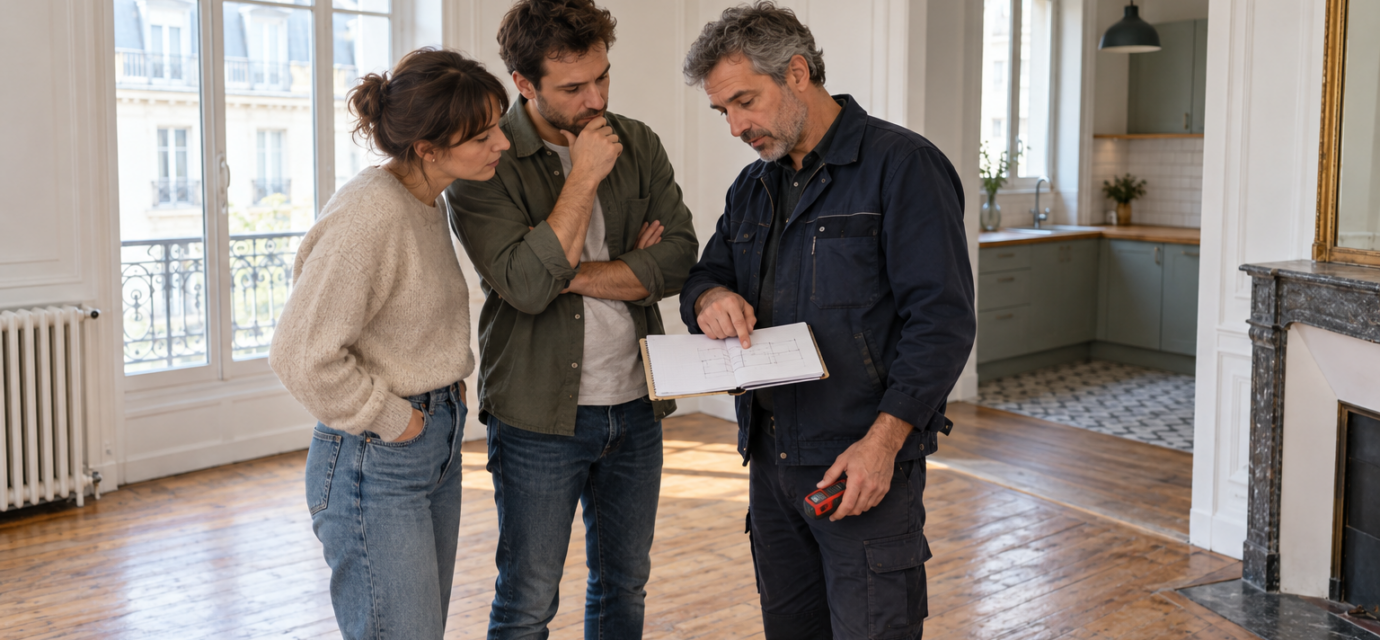 Un artisan présente un croquis à un couple pendant la visite d’un appartement ancien.