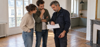 Un artisan présente un croquis à un couple pendant la visite d’un appartement ancien.