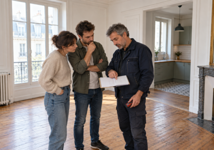 Un artisan présente un croquis à un couple pendant la visite d’un appartement ancien.