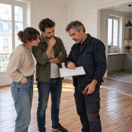 Un artisan présente un croquis à un couple pendant la visite d’un appartement ancien.
