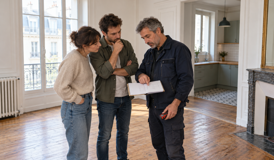 Seconde visite avec un artisan avant d’acheter : comment la préparer ? Un artisan présente un croquis à un couple pendant la visite d’un appartement ancien.