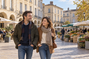 Un couple se promène sur une place à arcades avec un marché en arrière-plan