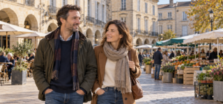 Un couple se promène sur une place à arcades avec un marché en arrière-plan