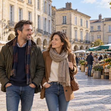 Acheter à Libourne : comment comparer accès à Bordeaux et vie locale ? Un couple se promène sur une place à arcades avec un marché en arrière-plan