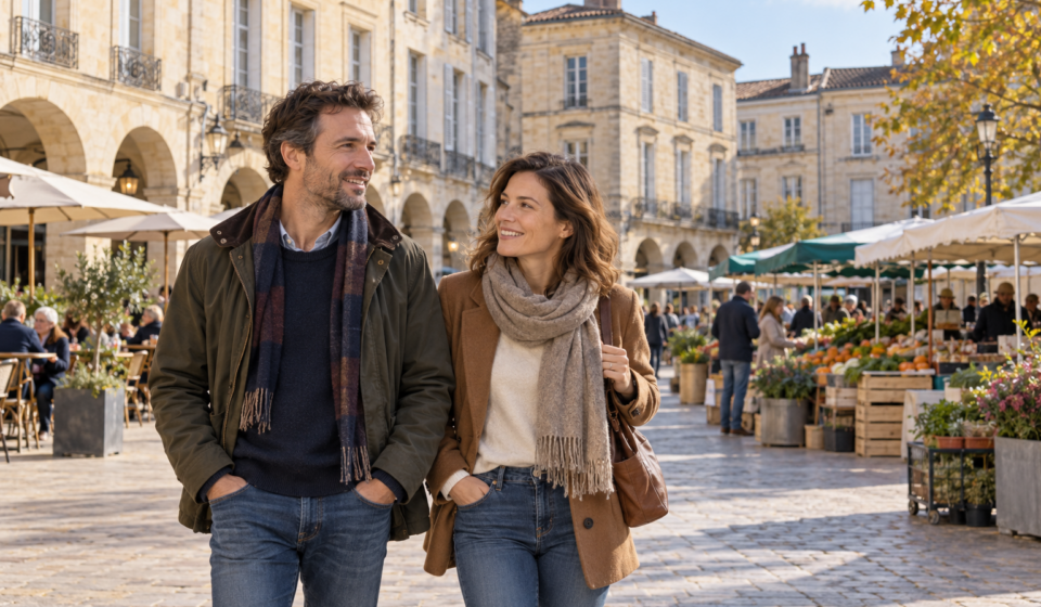 Acheter à Libourne : comment comparer accès à Bordeaux et vie locale ? Un couple se promène sur une place à arcades avec un marché en arrière-plan