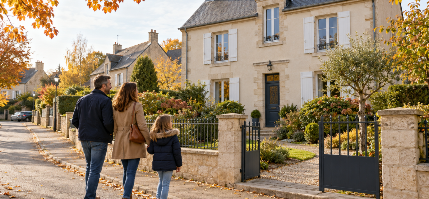 Une famille marche devant une maison claire avec un jardin dans une rue résidentielle en automne.