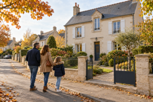 Une famille marche devant une maison claire avec un jardin dans une rue résidentielle en automne.