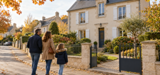 Une famille marche devant une maison claire avec un jardin dans une rue résidentielle en automne.