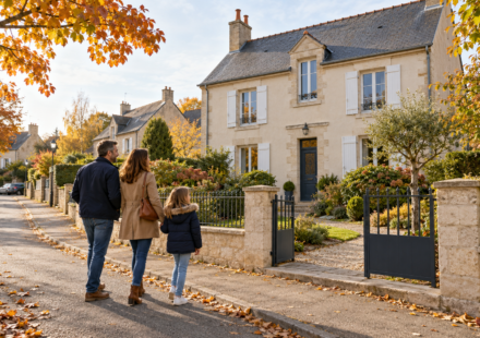 S’installer à Argentan : comment évaluer l’offre de maisons et les services du quotidien ? Une famille marche devant une maison claire avec un jardin dans une rue résidentielle en automne.