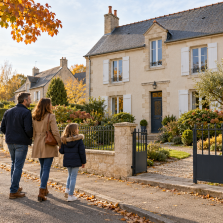 S’installer à Argentan : comment évaluer l’offre de maisons et les services du quotidien ? Une famille marche devant une maison claire avec un jardin dans une rue résidentielle en automne.