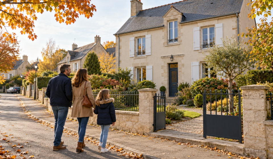 S’installer à Argentan : comment évaluer l’offre de maisons et les services du quotidien ? Une famille marche devant une maison claire avec un jardin dans une rue résidentielle en automne.