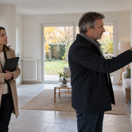 Un propriétaire vérifie un thermostat mural dans un salon peu meublé, accompagné d’une agente immobilière.