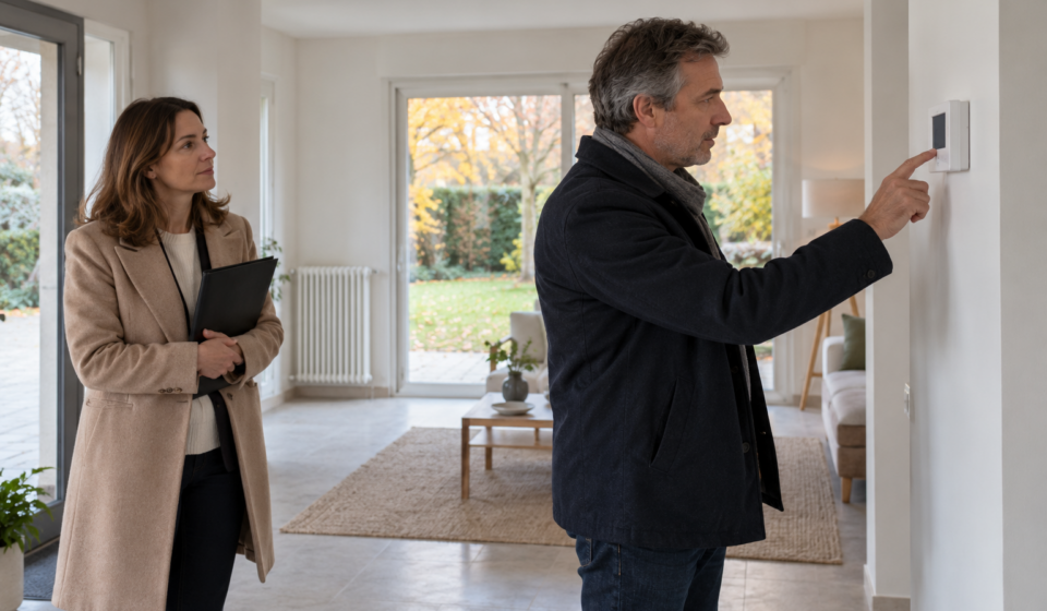 Un propriétaire vérifie un thermostat mural dans un salon peu meublé, accompagné d’une agente immobilière.