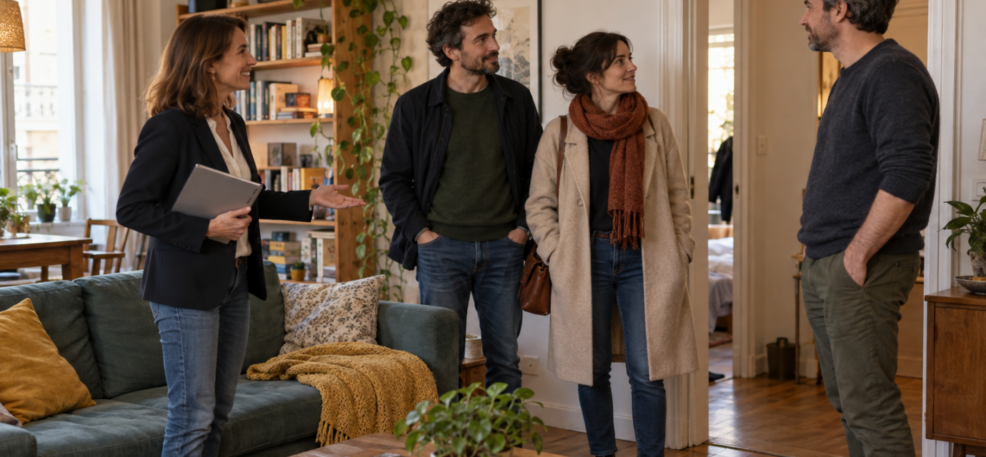 Vendre un logement occupé : comment organiser les visites sans tendre les relations ? Une agente immobilière accompagne un couple lors d’une visite d’appartement, en présence de l’occupant.
