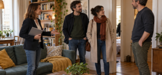 Une agente immobilière accompagne un couple lors d’une visite d’appartement, en présence de l’occupant.