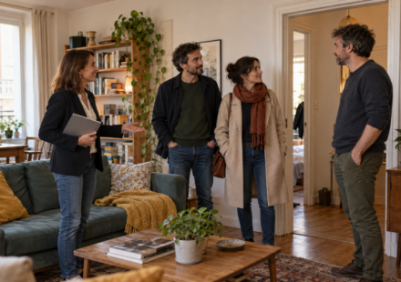 Une agente immobilière accompagne un couple lors d’une visite d’appartement, en présence de l’occupant.