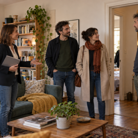Vendre un logement occupé : comment organiser les visites sans tendre les relations ? Une agente immobilière accompagne un couple lors d’une visite d’appartement, en présence de l’occupant.